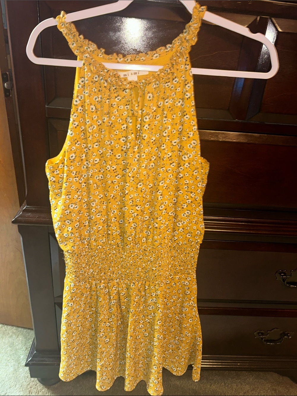 miami Mustard Yellow Ditsy Floral Halter Mini Dress